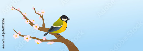 Spring illustration with great tit bird on blossom branch, landscape background