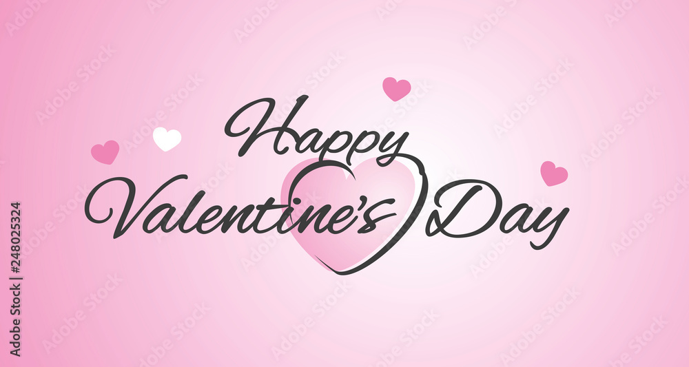 Happy Valentines Day banner with hearts and handwritten calligraphy with pink background