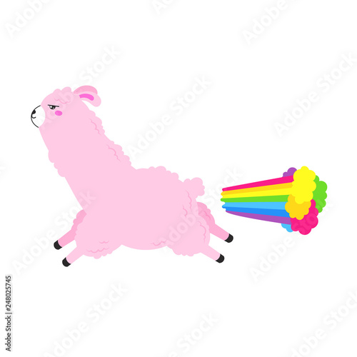 Vector cartoon card. Cute poster with funny llama farting. Doodle illustration. Template, background for print, design.