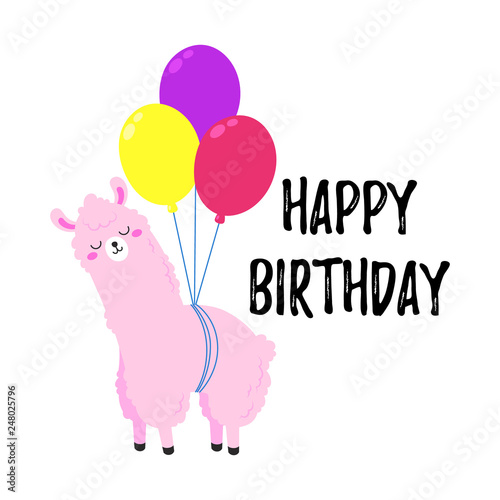 Birthday vector cartoon greeting card design. Doodle illustration. Template, background for print, design. Funny poster with cute llama. Happy birthday party