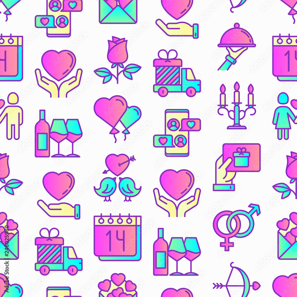 Valentine's day seamless pattern with thin line icons: couple in love, romantic evening, cupid bow, balloons, envelope, gift card, candles, love message, gift delivery. Modern vector illustration. Valentine's day seamless pattern with thin line icons: couple in love, romantic evening, cupid bow, balloons, envelope, gift card, candles, love message, gift delivery. Modern vector illustration.