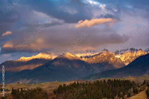 Sunset in Carpathian mountains  landscape of Romania  