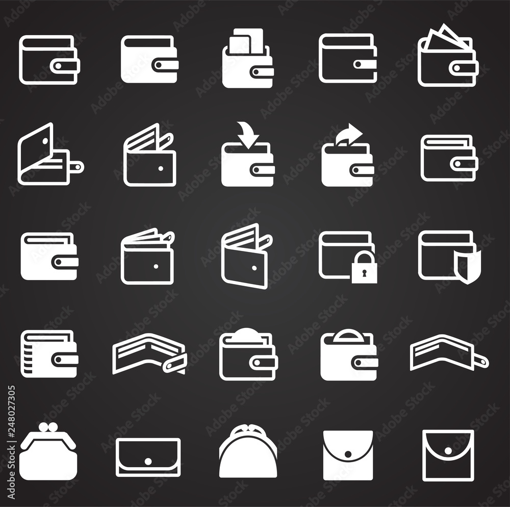 Wallet icons on black background for graphic and web design, Modern simple vector sign. Internet concept. Trendy symbol for website design web button or mobile app Wallet icons on black background for graphic and web design, Modern simple vector sign. Internet concept. Trendy symbol for website design web button or mobile app