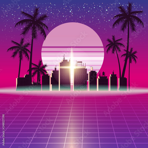 Synthwave Retro Futuristic Landscape With City Palms, Sun, Stars And Styled Laser Grid. Neon Retrowave Design And Elements Sci-fi 80s 90s Space. Vector Illustration Template Isolated Background