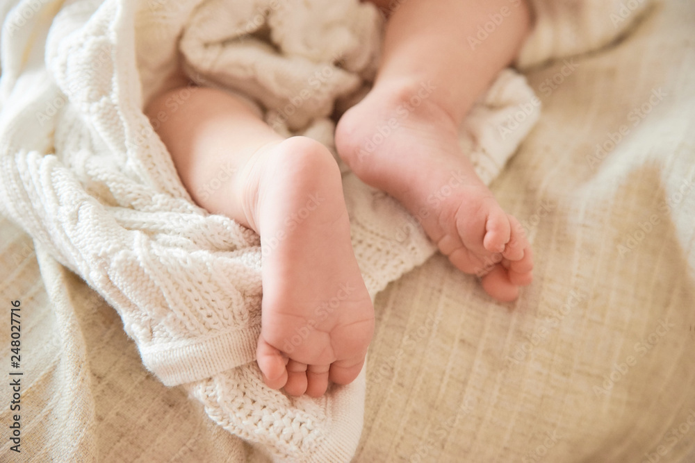 Legs newborn look out from under the blanket and blanket. Delicate pastel colors Legs newborn look out from under the blanket and blanket. Delicate pastel colors