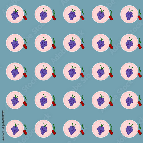 pattern with grapes and cherries on blue background