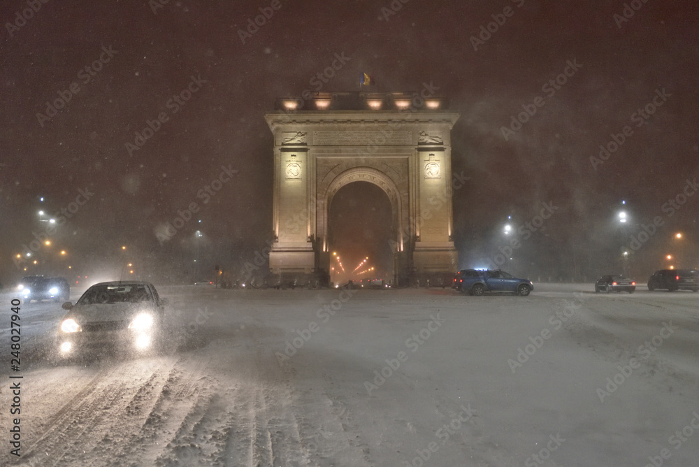 Bucharest in winter time , heavy snow in December 