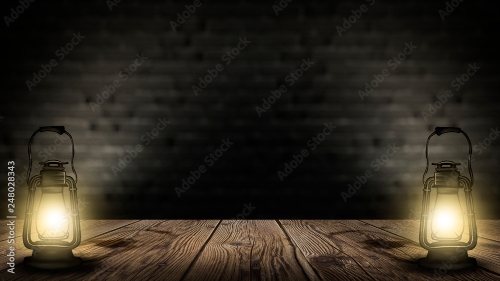 Dark room, wooden table, night lantern, magic, empty scene of a dark room, night light. Dark room, wooden table, night lantern, magic, empty scene of a dark room, night light.