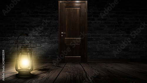 Dark room, wooden table, night lantern, magic, empty scene of a dark room, night light.