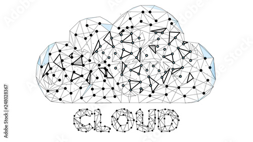Cloud Technology. Cloud Computing, Big Data or Cloud Computing Concept. Abstract Digital Background. Wireframe Cloud Storage Sign on Dark Blue Background. Vector Illustration or Background.