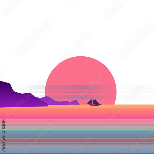 Summer sunny tropical backgrounds seascape with seaside, mountanes sky horison, sunset. Vector illustration, isolated, template photo