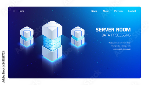 Server room vector isometric illustration, big data processing, futuristic technology