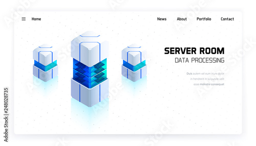 Server room vector isometric illustration, big data processing, futuristic technology