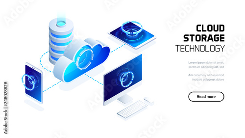 Cloud storage server with mobile, desktop and tablet pc connection, cloud computing technology, security system application, futuristic isometric 3d vector illustration