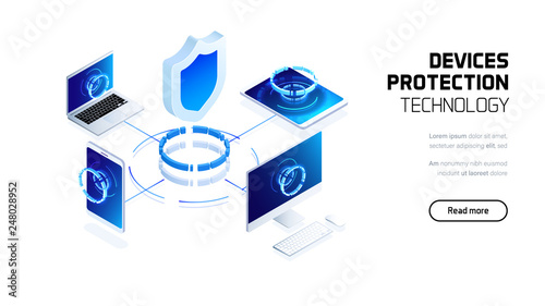 Website security system, device protection technology, futuristic holographic 3d isometric vector illustration