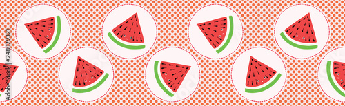 Cute watermelon polka dot vector illustration. Seamless repeating border pattern. Hand drawn kawaii dotty melon tropical background. 1950's style retro kitchen decor, kid banner ribbon, 5aday fruit .