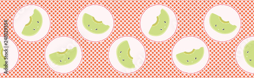 Cute honeydew melon polka dot vector illustration. Seamless repeating border pattern. Hand drawn kawaii dotty tropical background. 1950's style retro kitchen decor, kid banner ribbon, 5aday fruit .