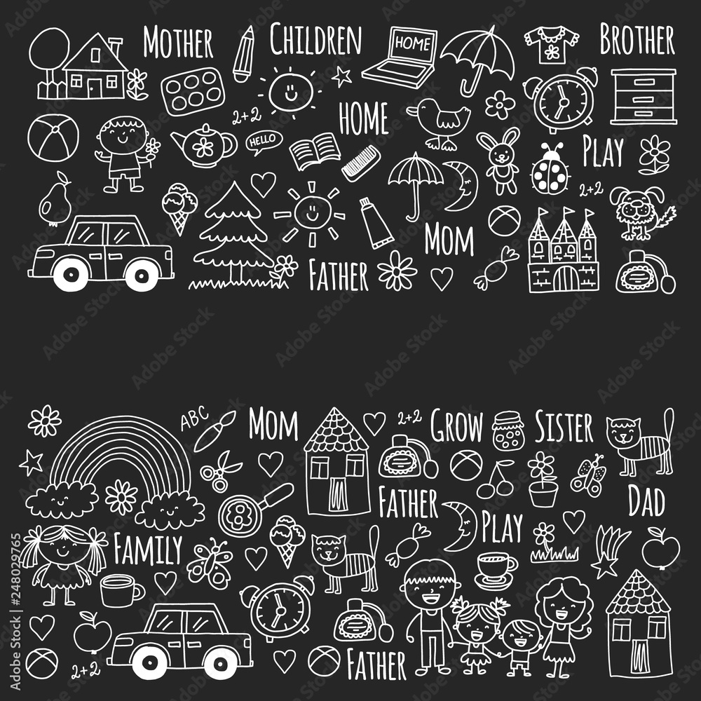 Fototapeta premium Household, family. Vector pattern. Parents with little children