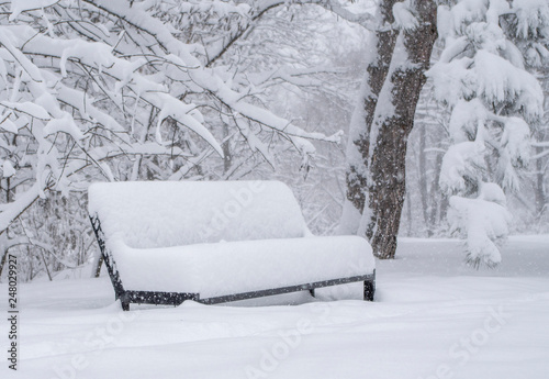 park bench covered with snow during a snowfall
