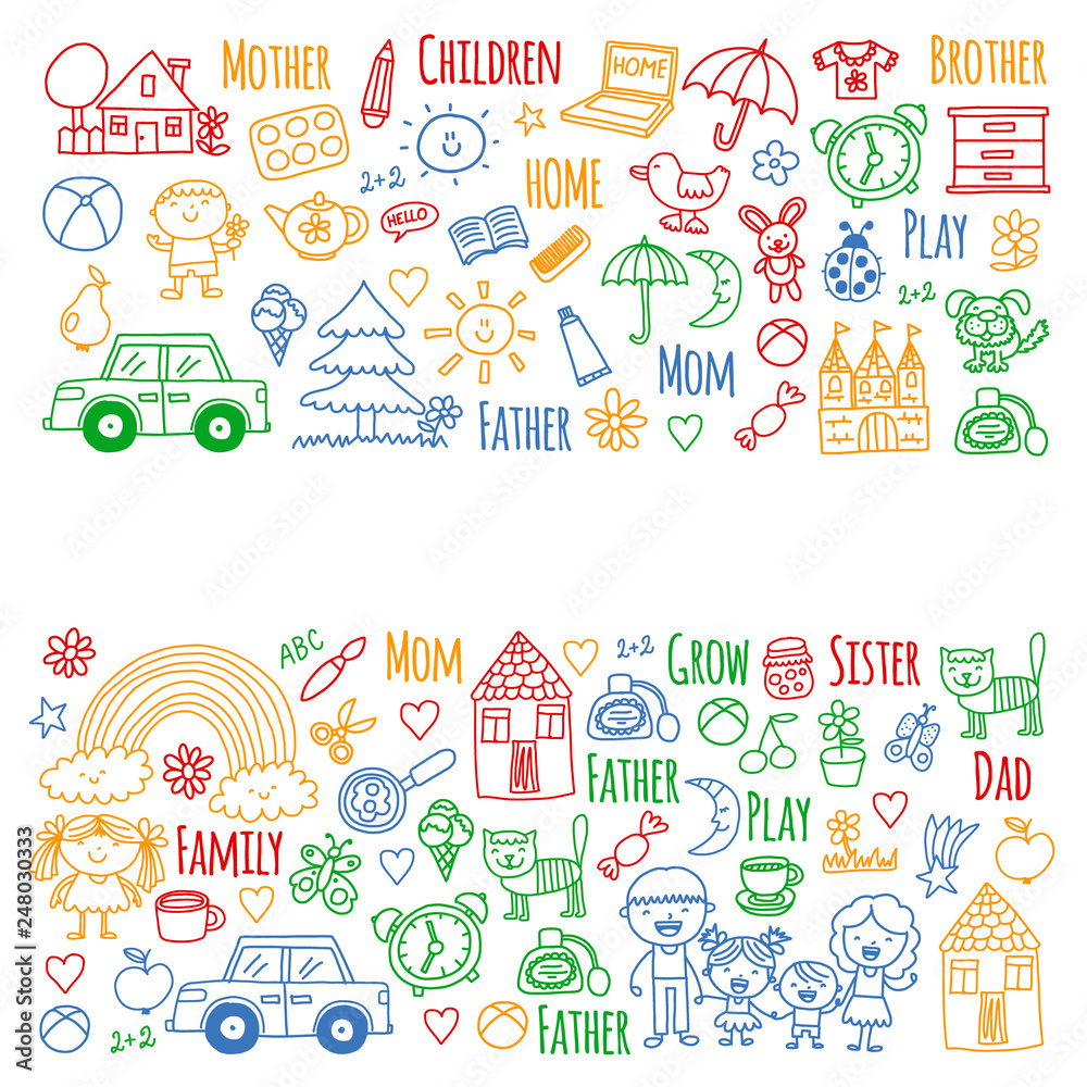 Household, family. Vector pattern. Parents with little children