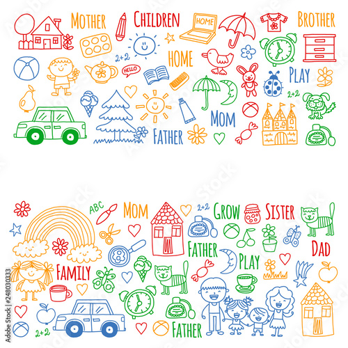 Household  family. Vector pattern. Parents with little children