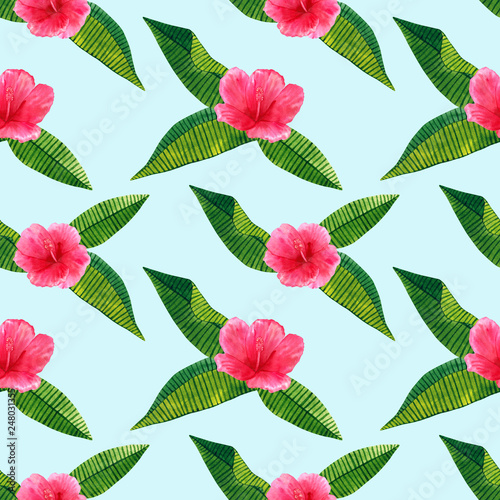 Beautiful pink red flower hibiscus with green tropical leaves. Seamless pattern. Hand drawn watercolor illustration.