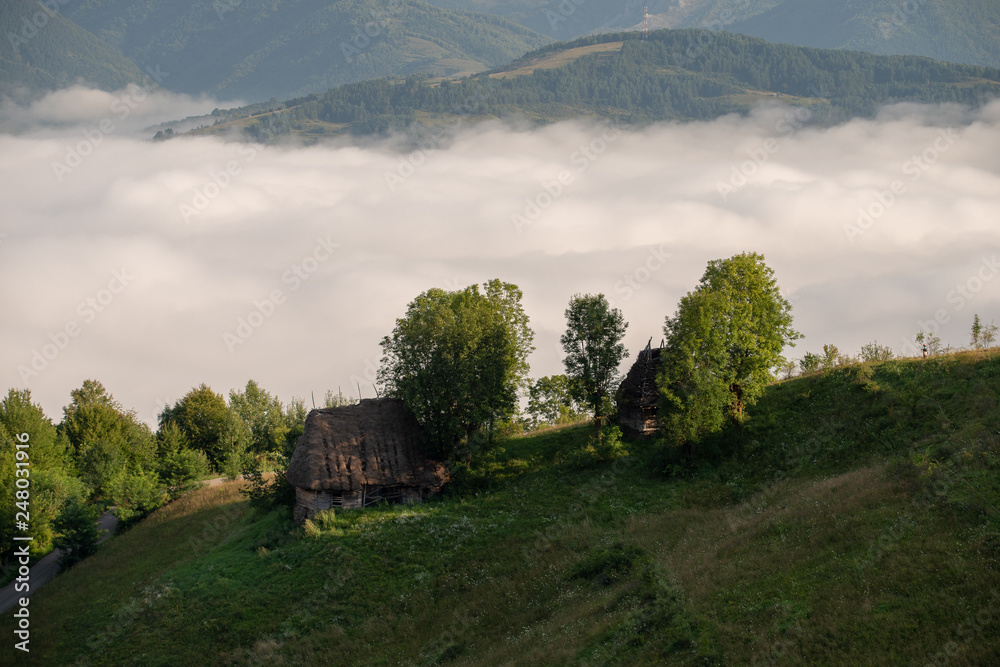 Summer morning in Transylvania mountains , Romanian village 
