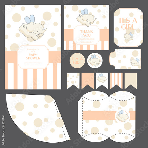 Baby shower whole templates set with baby elephant, invitation, thank you card, banners, stickers, gift box decorations classic design in tender colors 