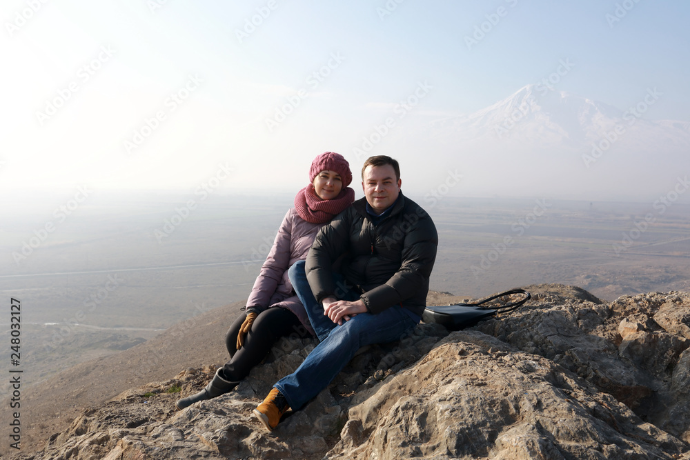 Couple on background of Ararat Valley Couple on background of Ararat Valley