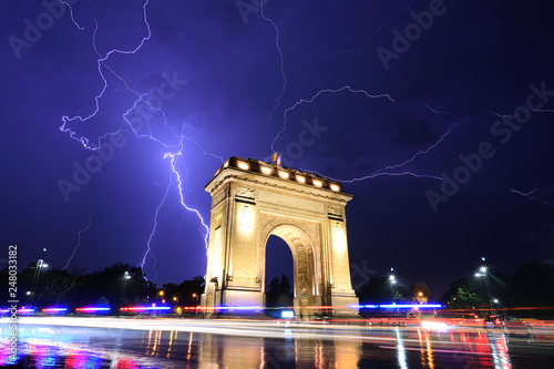 Canvas Print Bucharest storm lightning at the triumphal arch