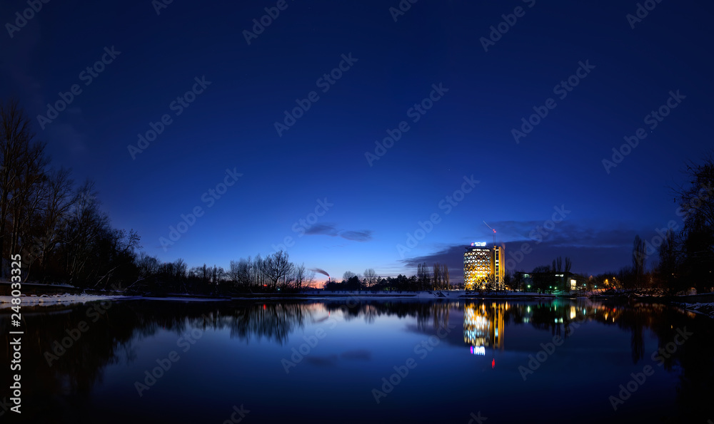 Bucharest blue hour on Baneasa lake , Romania 