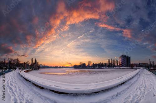 Bucharest sunset ,Banseasa lake in winter time 