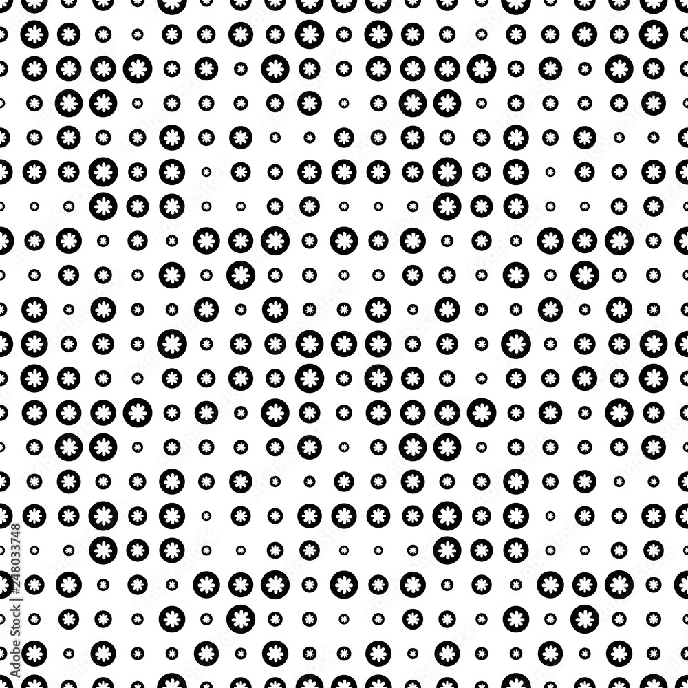 Halftone seamless abstract background with circles, stars, snowflakes. Infinity geometric pattern. Vector illustration.          