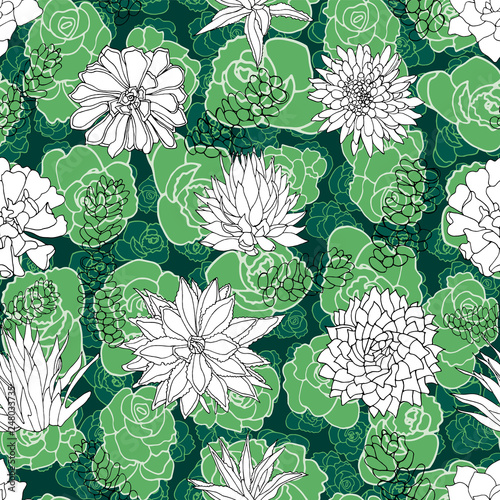 Dark roses or roseum succulents in a garden-like arrangement layered with other succulents drawn in a white cutout paper effect. Vector seamless pattern.