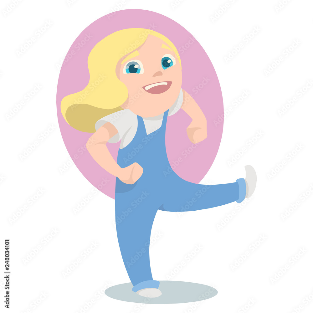 Happy girl in a white T-shirt and overalls. Vector illustration in cartoon style. Happy girl in a white T-shirt and overalls. Vector illustration in cartoon style.