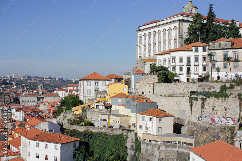 panorama of the old town of porto, ancient, architectural, architecture, blue, blue background, blue sky, boat, buildings, city, cityscape, construction, culture, day, dockside, douro, douro river, do