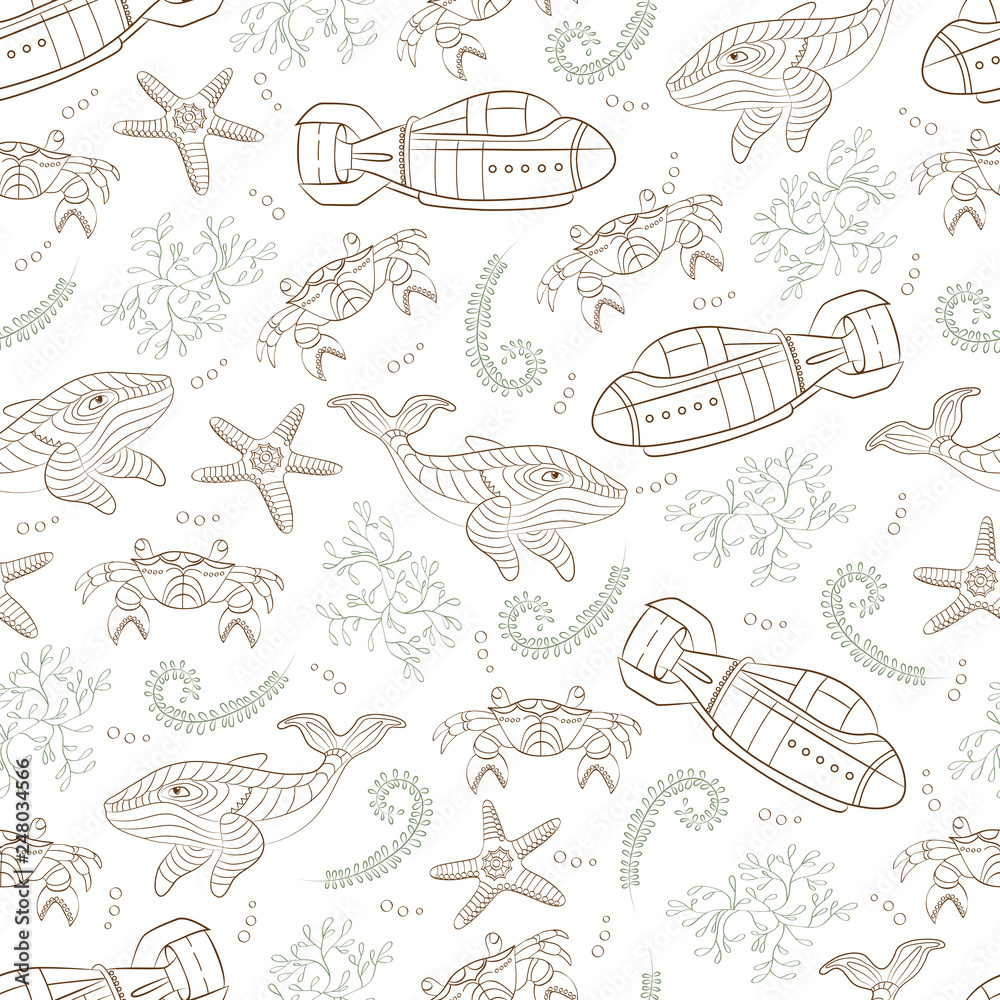 Underwater scene. Vector seamless pattern consists of different sea objects