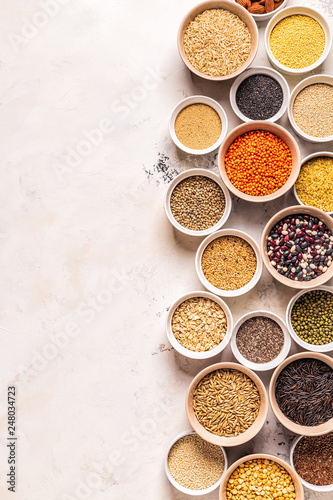 Set of different superfoods, top view.