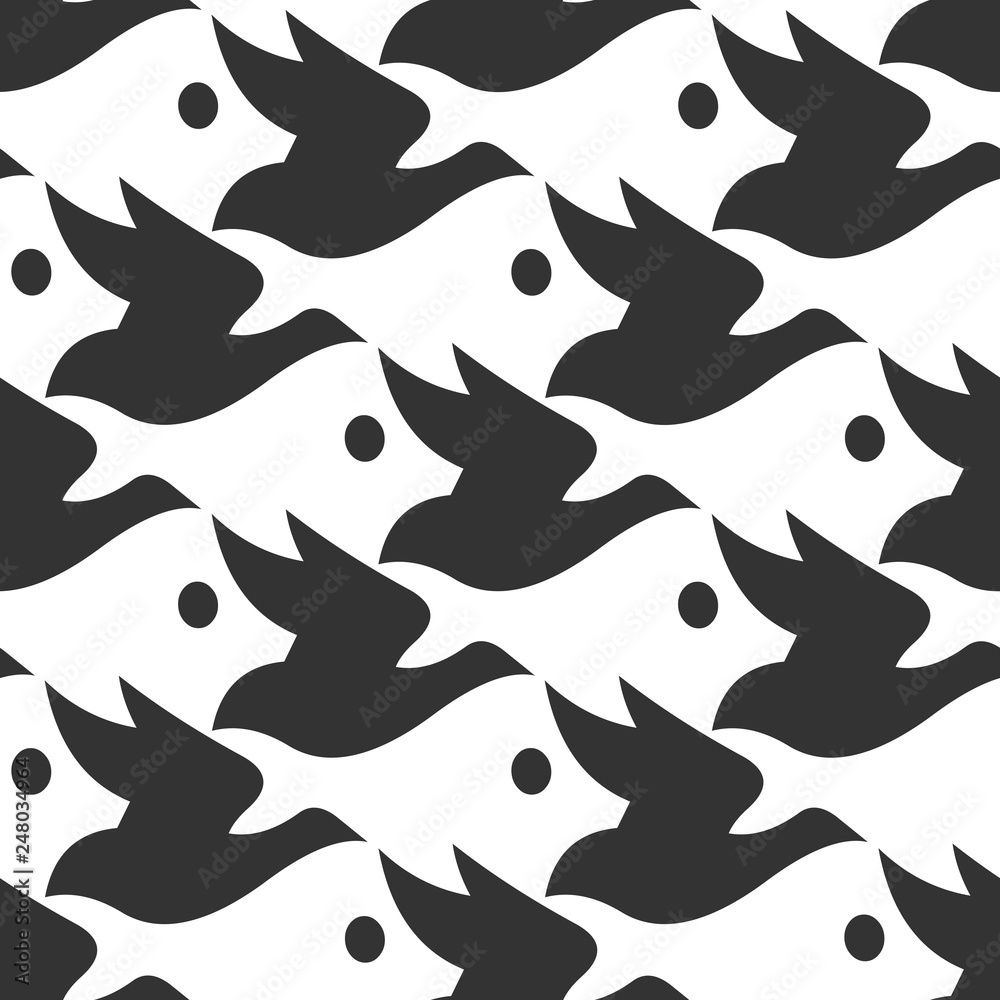 Vector pattern black and white silhouette bird and fish seamless background in Escher style.