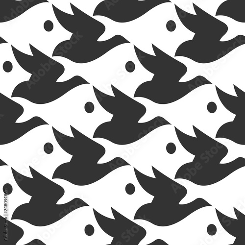 Vector pattern black and white silhouette bird and fish seamless background in Escher style.