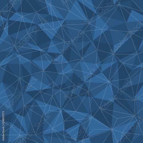 Blue geometric triangle seamless backdrop polygonal background with line net pattern.