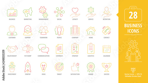 Business editable stroke color outline icon set with customer, support, teamwork, people, company, home, contact, handshake, fist bump and more thin line pictogram.