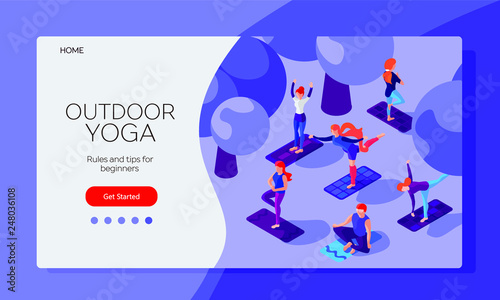Outdoor yoga in nature. Web page template. Training in town park. People in asanas. Yoga lessons. Isometric 3d flat design 