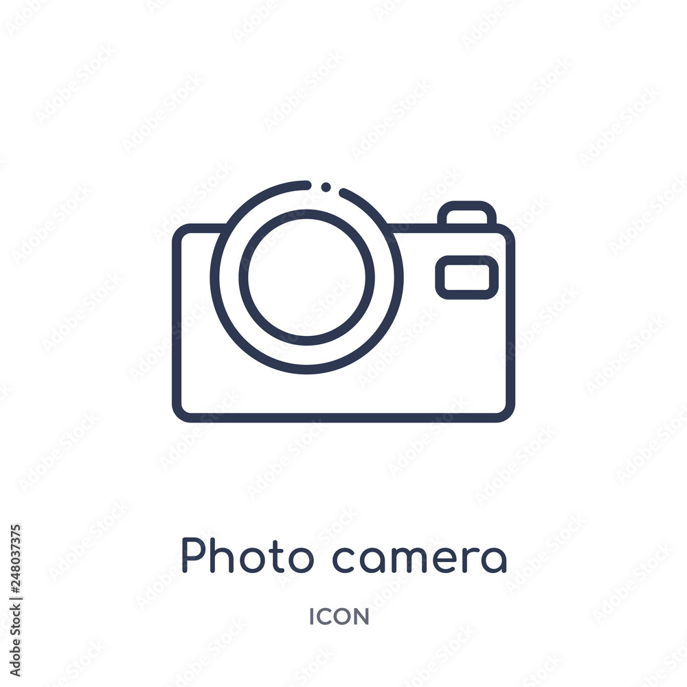 photo camera icon from music and media outline collection. Thin line photo camera icon isolated on white background. photo camera icon from music and media outline collection. Thin line photo camera icon isolated on white background.