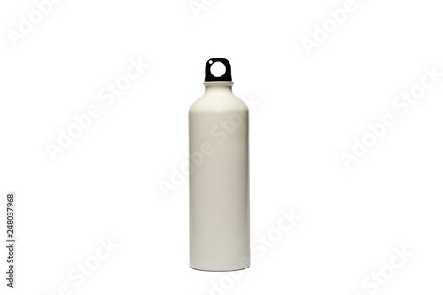 A durable, high-quality, reusable white stainless steel bottle on an isolated white background as an alternative to plastic bottles. Toxin, BPA, a plastic waste-free option for drinking tap water at h