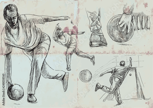 Bowling - An hand drawn vector collection. Illustrations in vintage style. Freehand sketching. Retro on blue paper.