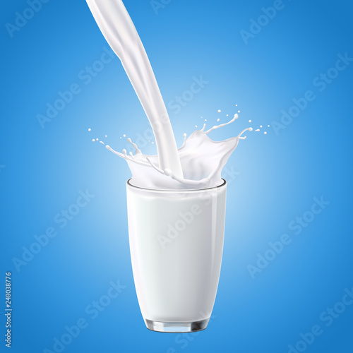 Realistic transparent glasses with pour milk splash on a blue background, vector illustration.
