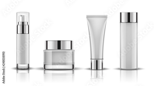 Set white cosmetic bottles packaging mockup, ready for your design, vector illustration.