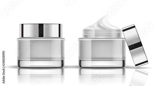 Set white cosmetic bottles packaging mockup, ready for your design, vector illustration.