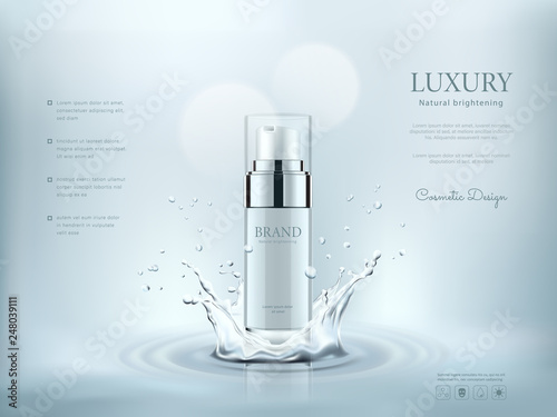 White cosmetic bottles with water splashing background, ready for your design, vector illustration.
